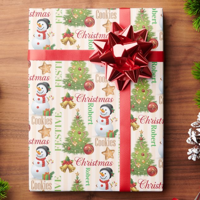 Papel De Presente Homem-Neve Repeticionando Nome de Feliz Natal (Criador carregado)