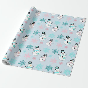 Papel De Presente Homens de Neve e Flocos de Neve Azul-petróleo e Ro