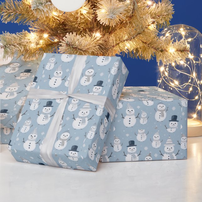 Papel De Presente Homens de Neve Flocos de Neve Azul Natal Moderno (Feriados)