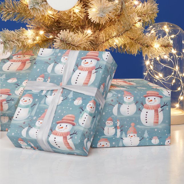 Papel De Presente Homens de Neve Flocos de Neve Azul Natal Moderno (Feriados)