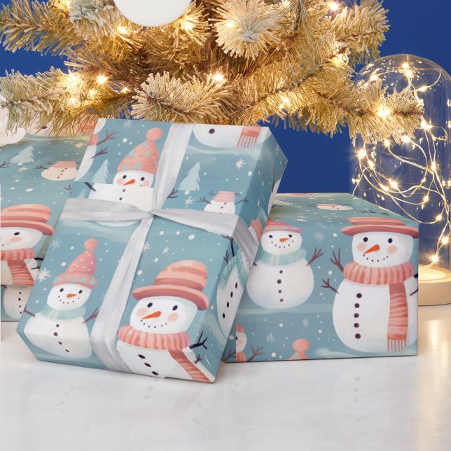 Papel De Presente Homens de Neve Flocos de Neve Azul Natal Moderno (Feriados)