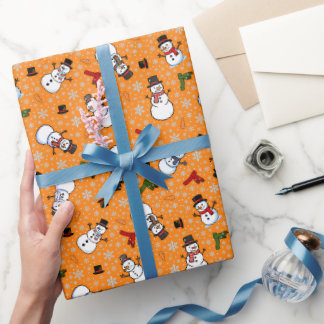 Papel De Presente Homens de Neve & Flocos de Neve em Laranja