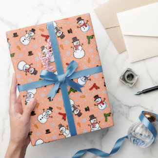 Papel De Presente Homens de Neve & Flocos de Neve em Pêssego