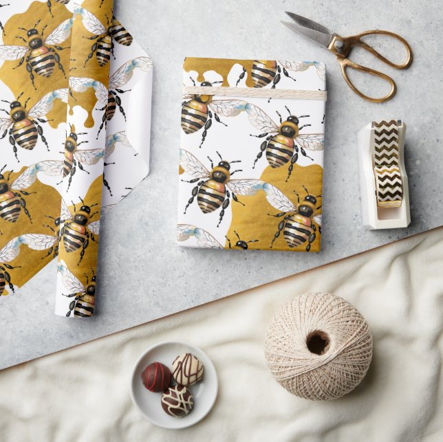 Papel De Presente Honey Bees Gold Honey (Artesanato)
