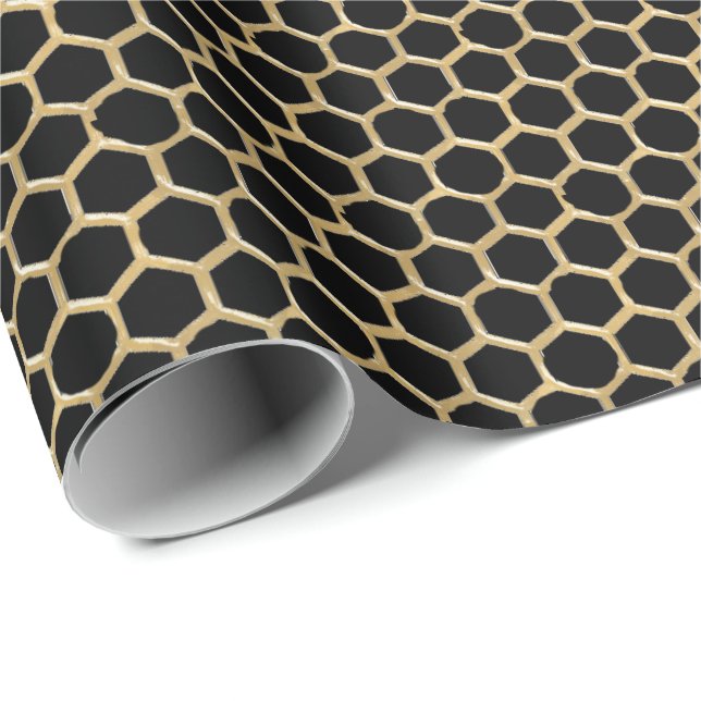 Papel De Presente Honeycomb Dourado Metálico Abejinho Negro Mel (Ponta do rolo)