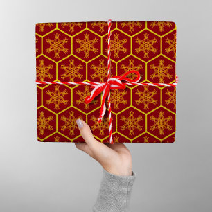 Papel De Presente Honeycomb Snowflake Maroon Yellow Pattern Elegante