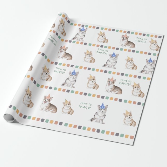 Papel De Presente Horário Personalizável para Corgi PAWTY (Desenrolado)
