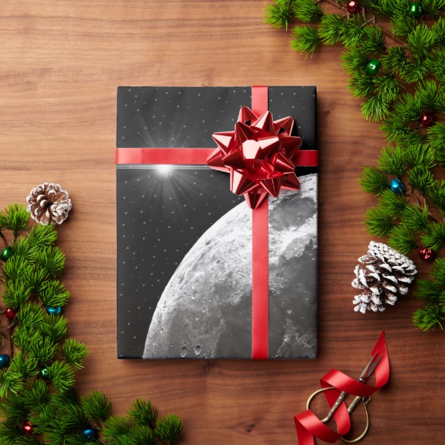 Papel De Presente Horizonte do Oceano Azul sob a Lua Prateada Celest (Presente de Natal)