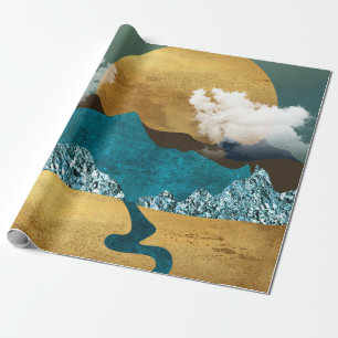 Papel De Presente Horizonte Dourado com Montanhas Azuis