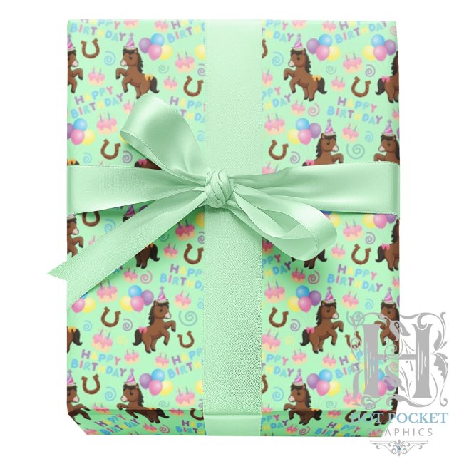 Papel De Presente Horse Birthday Gift Wrapping Paper in Green (Criador carregado)