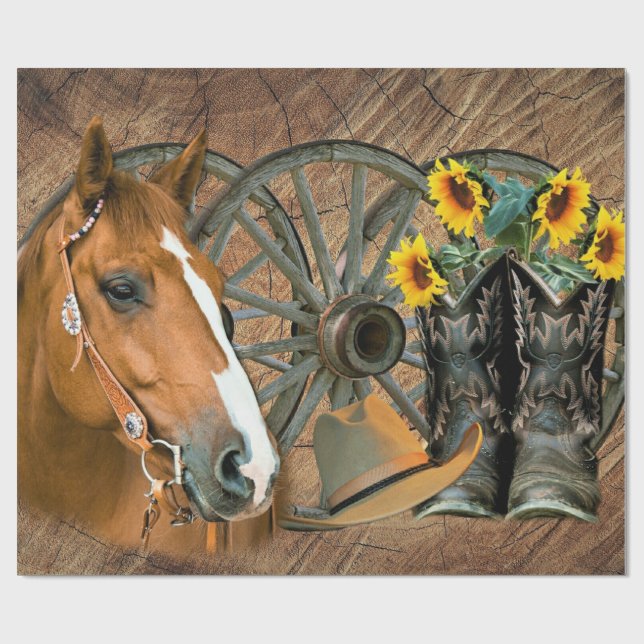 Papel De Presente Horse Cowboy Boots Vagão Girassol Roda Sunflower W (Aberto)