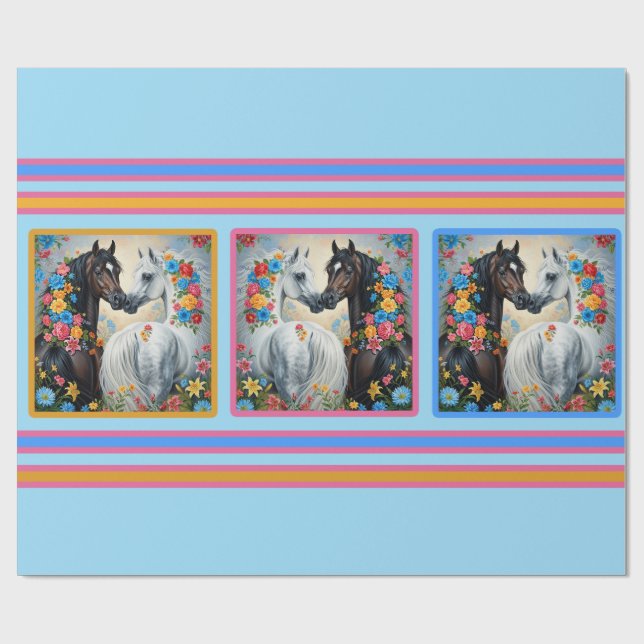 Papel De Presente Horses Framed in flowers Wrapping Paper (Aberto)