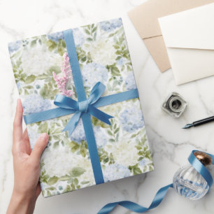 Papel De Presente Hortênsia Azul Branca Casamento Floral Romântico