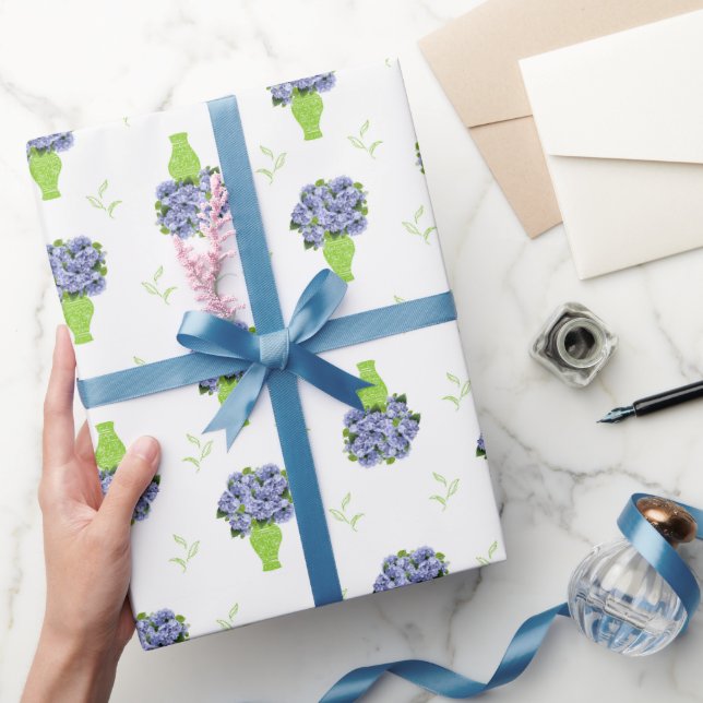 Papel De Presente Hortênsia Azul em Padrão Floral de Vaso Verde (Presentear)