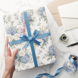 Papel De Presente Hortênsia Azul Empoeirada Rosa Branca Creme Floral