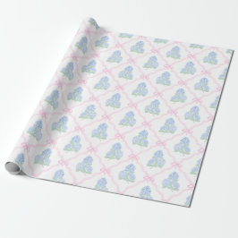 Papel De Presente Hortênsia Azul Préppy com Treliça de Laço Rosa