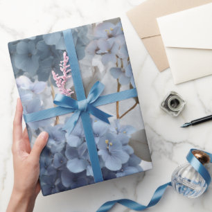 Papel De Presente Hortênsia Azul Suave Padrão Floral Cinza