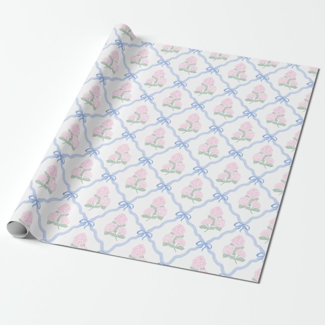 Papel De Presente Hortênsia Rosa Préppy com Treliça de Arco Azul (Desenrolado)