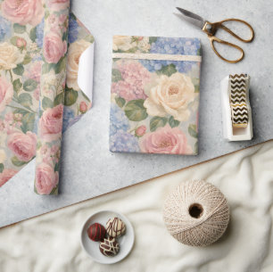 Papel De Presente Hortênsias Azuis Peônias Rosas Floral Elegante