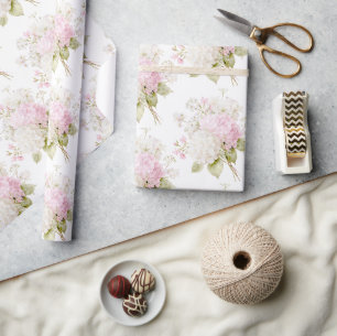 Papel De Presente Hortênsias Brancas Rosadas Florais Elegantes