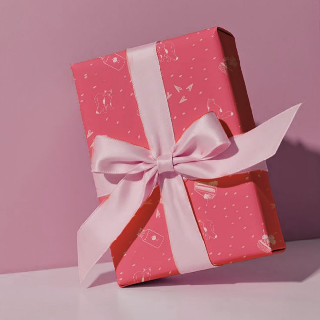 Papel De Presente Hot Pink Cats, Cake & Cherries - Valentine (Criador carregado)