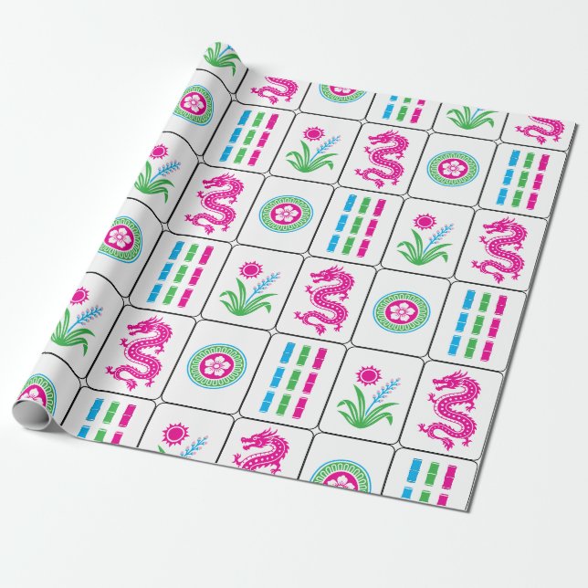 Papel De Presente Huge Mahjong Tiles #4 Rosa Verde Capri Azul Branco (Desenrolado)