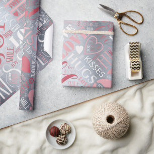 Papel De Presente Hugs e Kisses Word Cloud Pink/Silver ID286