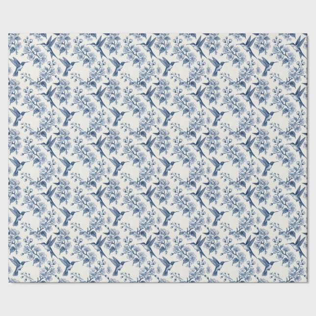 Papel De Presente Hummingbird and Branches Blue Toile Chinoiserie (Barra)
