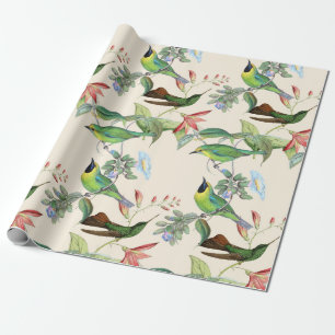 Papel De Presente Hummingbird e Flores em Creme Claro