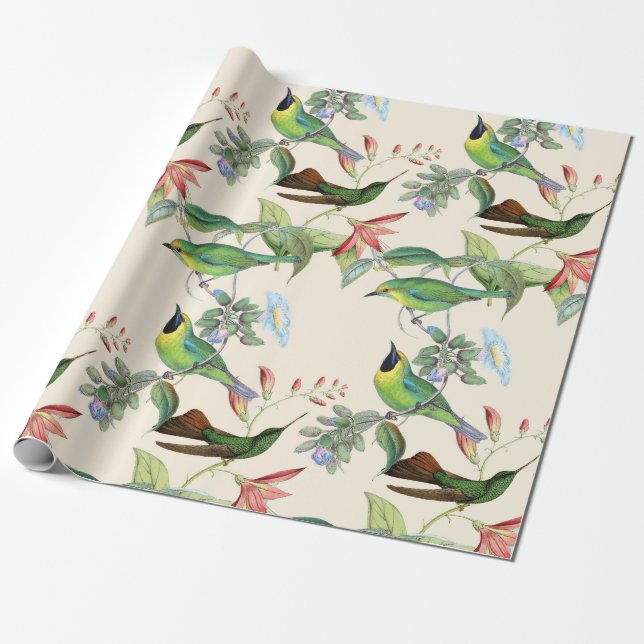 Papel De Presente Hummingbird e Flores em Creme Claro (Desenrolado)