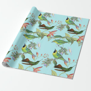 Papel De Presente Hummingbird e Flores em Verde Claro