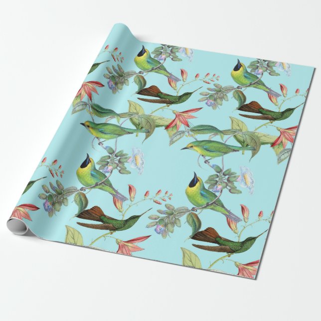 Papel De Presente Hummingbird e Flores em Verde Claro (Desenrolado)