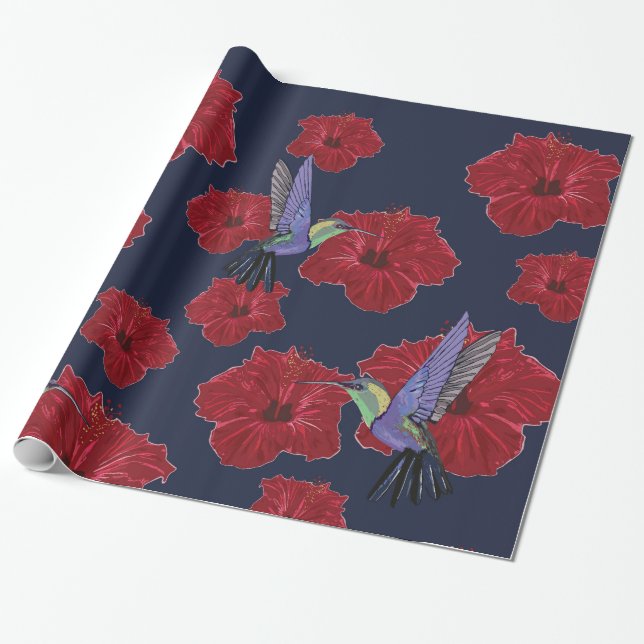 Papel De Presente Hummingbird Hibiscus Arte Floral (Desenrolado)