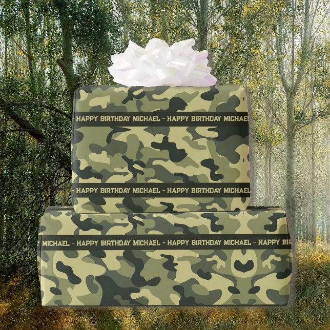 Papel De Presente Hunter Woods Camo Adicionar Texto e Nome Aniversár (Criador carregado)