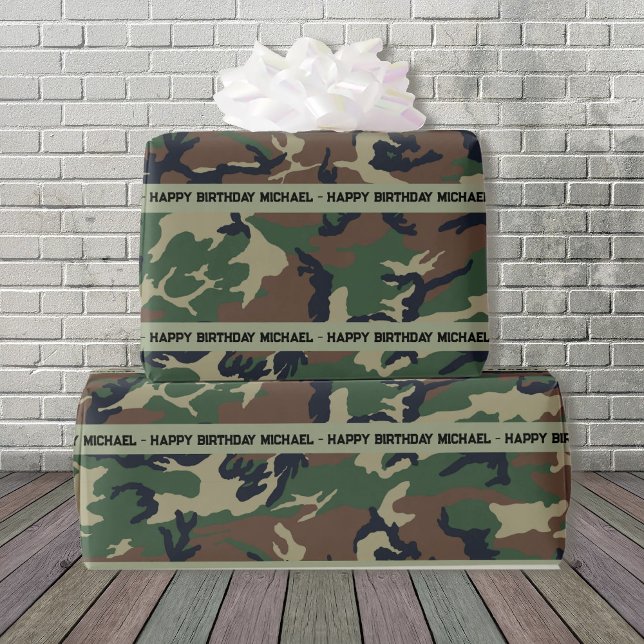 Papel De Presente Hunter Woods Camo Adicionar Texto e Nome Aniversár (Criador carregado)