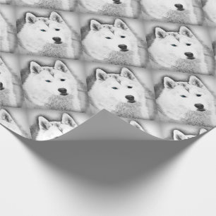 Papel De Presente Husky Siberiano Branco com Olhos Azuis - Desenho d