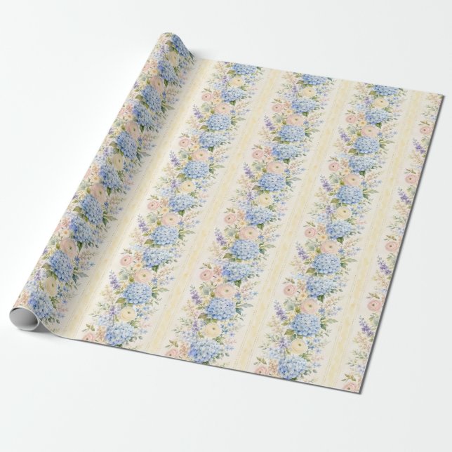 Papel De Presente Hydrangea Azul Presente com Listra Floral Aquarela (Desenrolado)