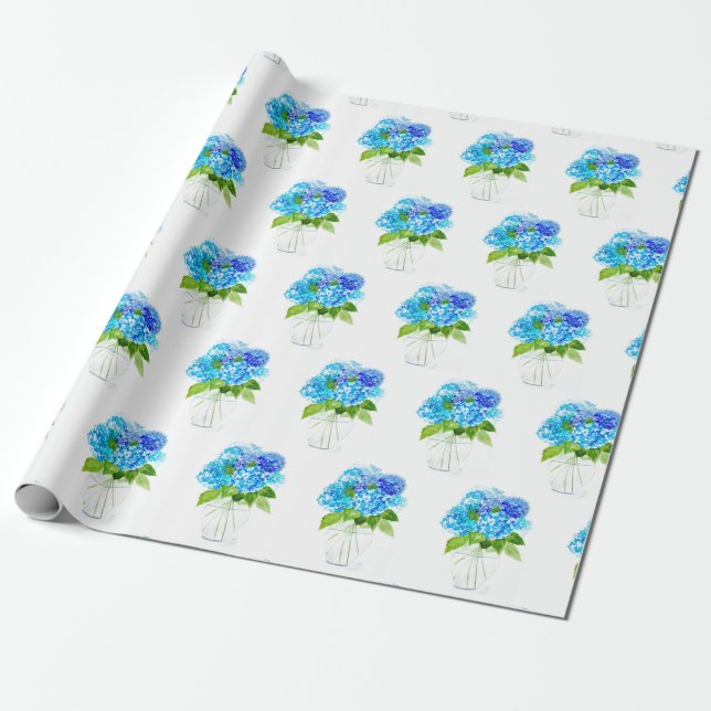 Papel De Presente Hydrangea floral Blue Flores Aquarela Russo (Desenrolado)