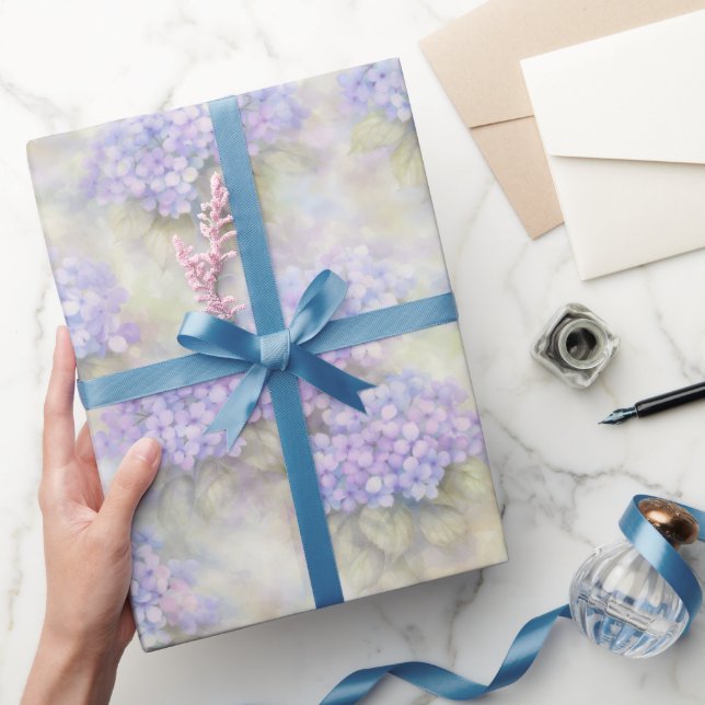 Papel De Presente Hydrangea Floral Gift Wrap | Elegant Blue & Lilac (Presentear)