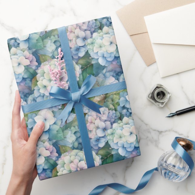 Papel De Presente Hydrangea Floral Watercolor Azul (Presentear)