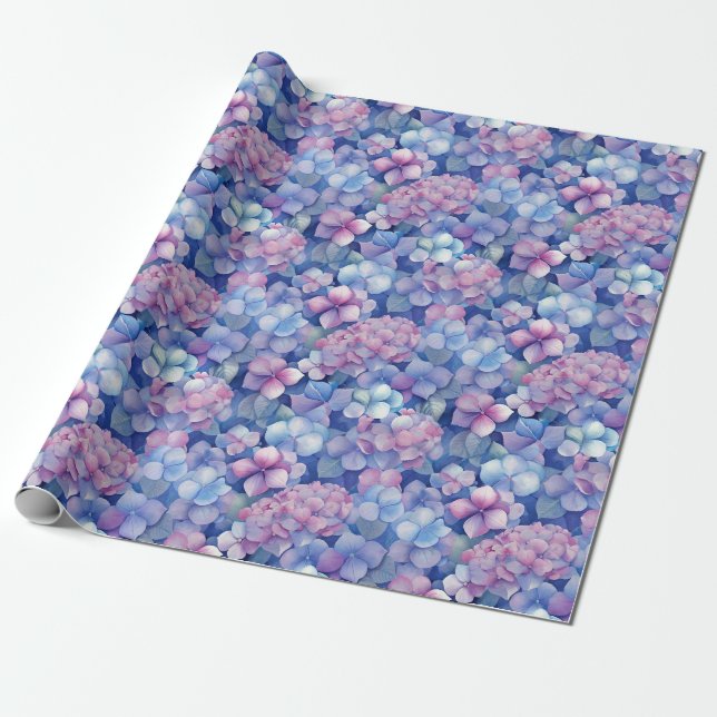 Papel De Presente Hydrangeas Azuis Rosa Floral em Bloom (Desenrolado)