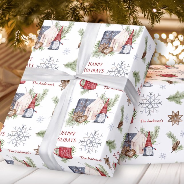 Papel De Presente Hygge Christmas Gnome Ndic Holidays Name (Hygge Christmas Gnome Nordic Holidays Name Wrapping Paper)