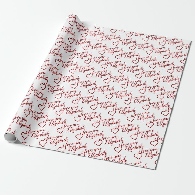 Papel De Presente I love you Name Red Heart Pattern typography (Desenrolado)