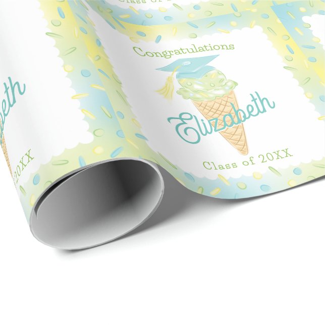 Papel De Presente Ice Cream Graduation Party Blue Green (Ponta do rolo)