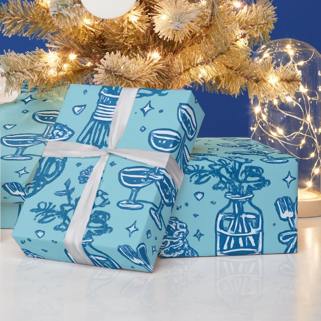 Papel De Presente Ícones de Colagem de Celebração de Casamento Azul  (Feriados)