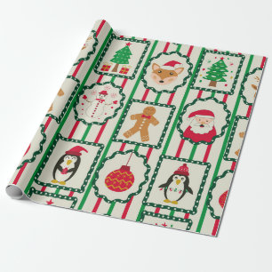 Papel De Presente Ícones de Natal em molduras com listras e árvores