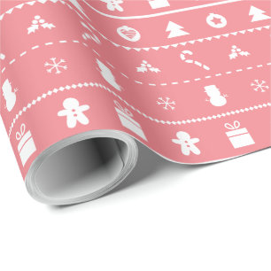 Papel De Presente Ícones de Natal Modernos e Elegantes em Rosa e Bra