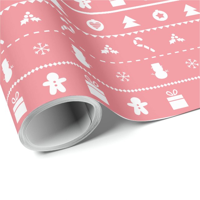 Papel De Presente Ícones de Natal Modernos e Elegantes em Rosa e Bra (Ponta do rolo)