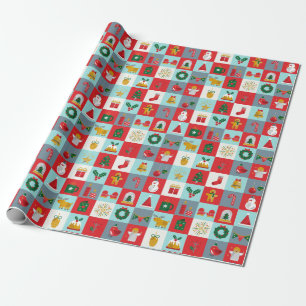 Papel De Presente Ícones de Natal Retro em Xadrez Vermelho e Aqua