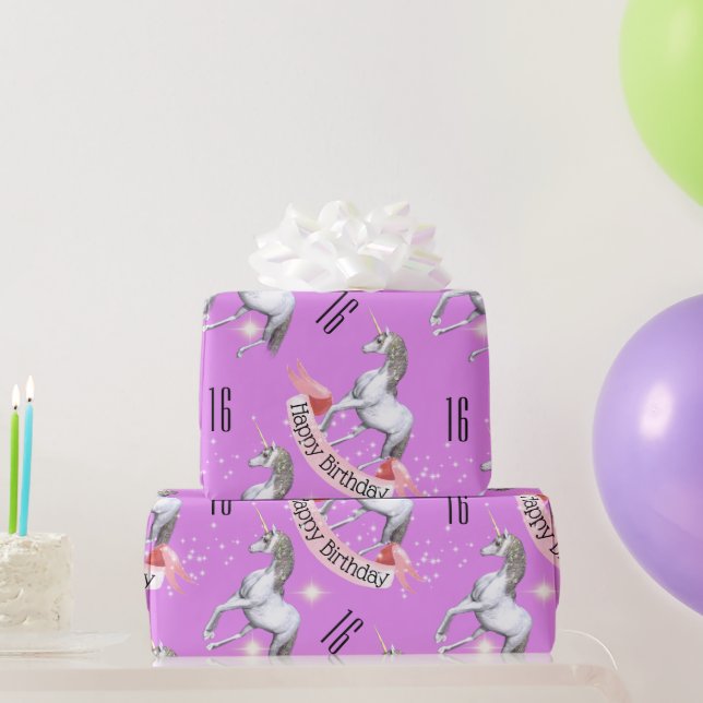 Papel De Presente Idade de aniversário de meninas unicórnicas roxas (Presentes para festas)
